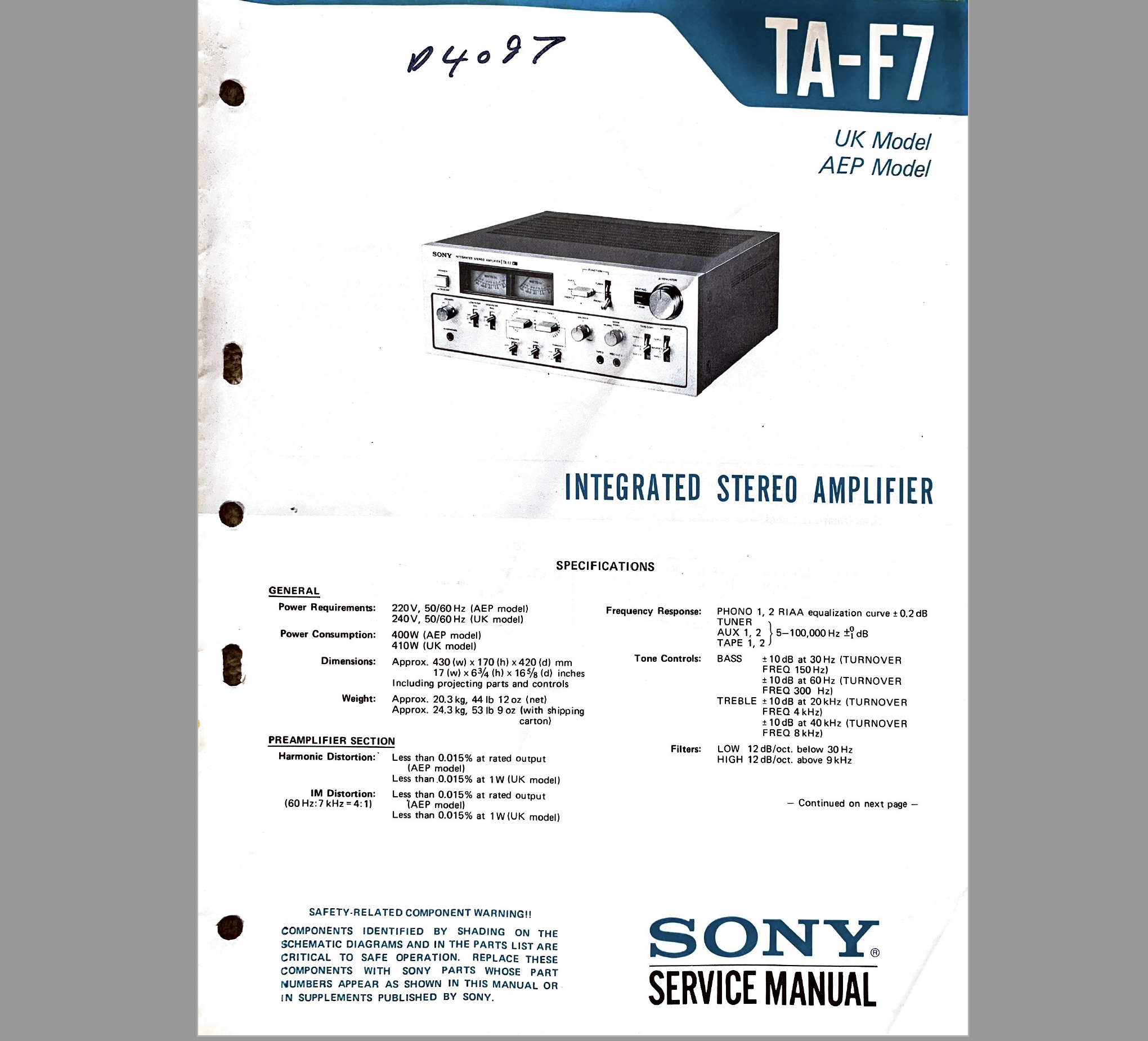 Sony TA-F7 Integrated Stereo Amplifier Service Manual Sony TA-F7 Integrated Stereo Amplifier Service Manual
