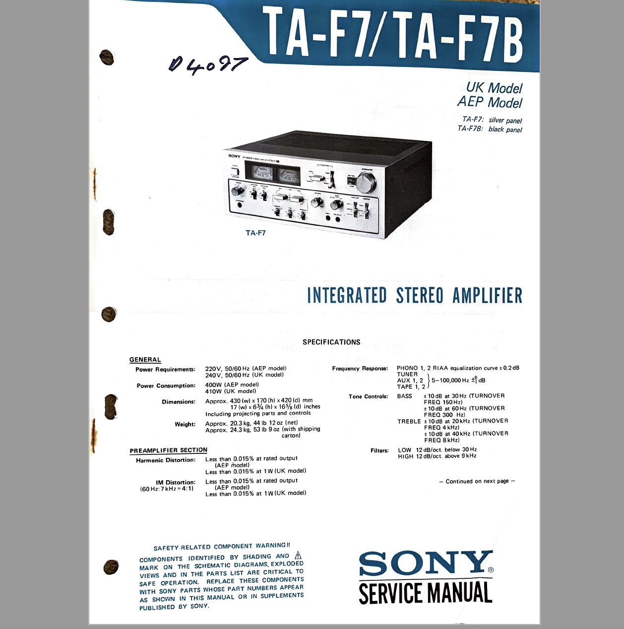 Sony TA-F7B Integrated Stereo Amplifier Service Manual Sony TA-F7B Integrated Stereo Amplifier Service Manual