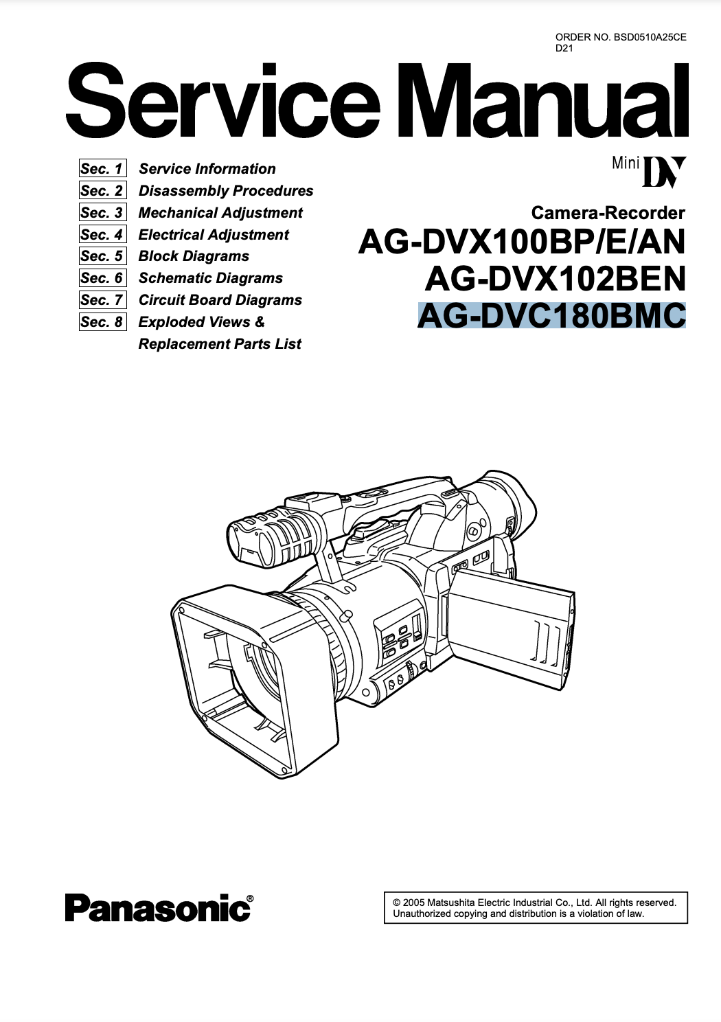 Panasonic AG-DVX100BP:E:AN, DVX102, DVC180 Camcorder Service Manual Panasonic AG-DVX100BP:E:AN, DVX102, DVC180 Camcorder Service Manual