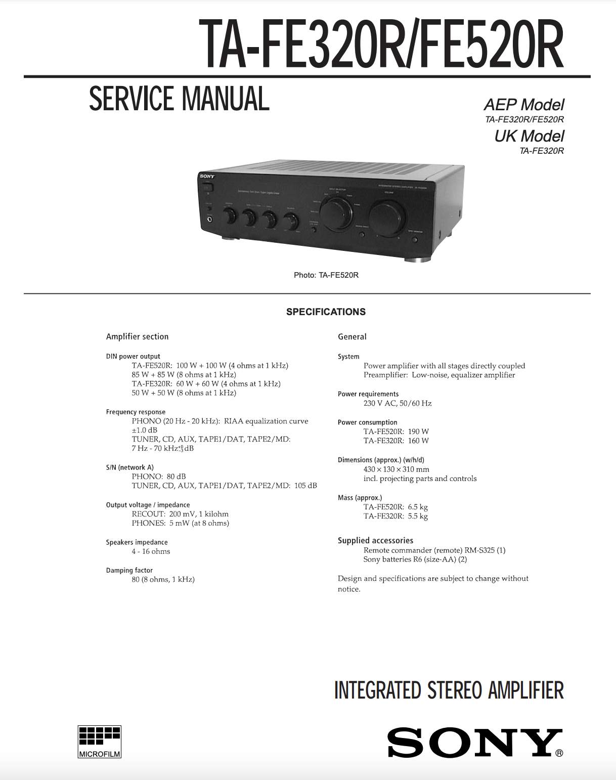 Sony TA-FE320R TA-FE520R Integrated Stereo Amplifier Service Manual