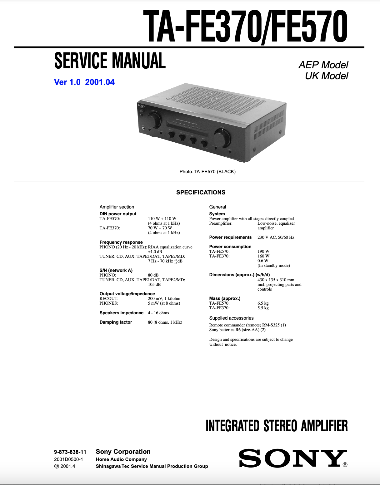 Sony TA-FE370 TA-FE570 Integrated Stereo Amplifier Service Manual